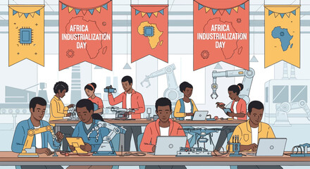 Flat vector illustration of African youth working on robotics and technology inside a factory, with banners celebrating Africa Industrialization Day