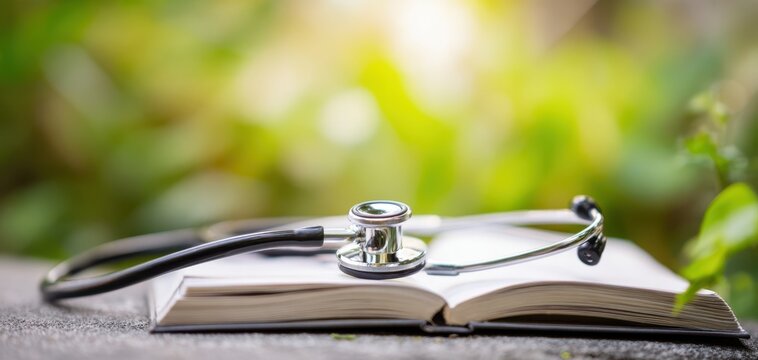 The stethoscope resting on an open book in a serene natural setting. - Powered by Adobe