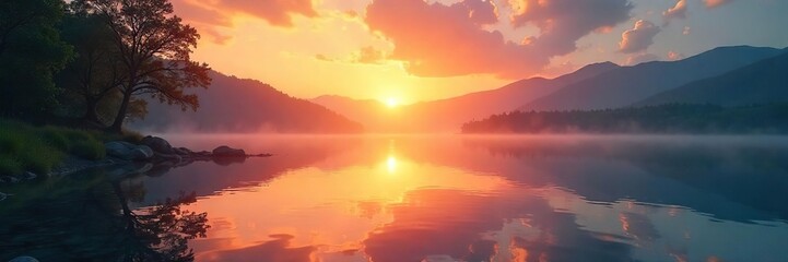 Fototapeta premium Serene sunrise over a tranquil lake, reflecting the calm and peaceful solitude of wellness practices Perfect for mindfulness, self-care, and inner peace themes , serene, healing