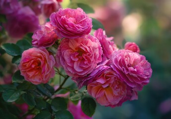 Fototapeta premium Close-up of vibrant pink roses in bloom. Soft focus on blossoms, with greenery and out-of-focus background