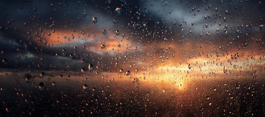 Rain-streaked sunset view through a window