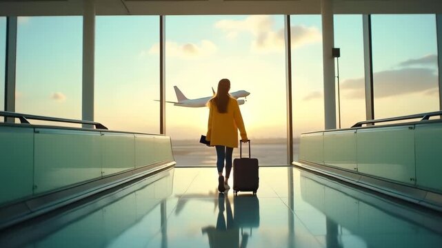 Girl with Luggage Watching Airplane Take Off