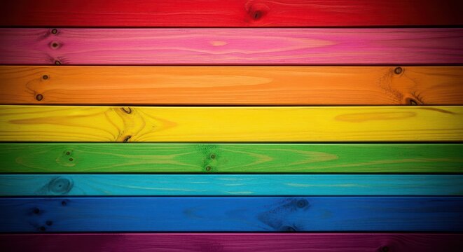 Close-up of vibrant rainbow-colored wooden planks creating a horizontal striped pattern with detailed grain texture