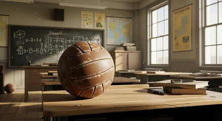 Educational Classroom Scene with a Vintage Basketball on Desk and School Supplies
