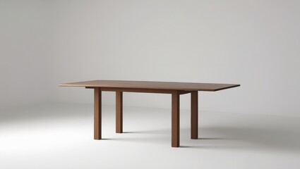 A simple, rectangular, extendable dining table with clean lines sits in a minimalist setting.