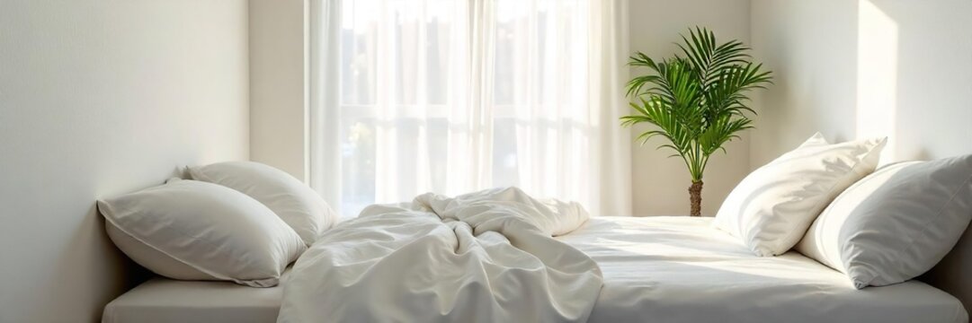 Serene minimalist bedroom with simple white bedding, a single plant, and natural light streaming through a sheer curtain A feeling of calm and peaceful rest is evoked , bright, minimal