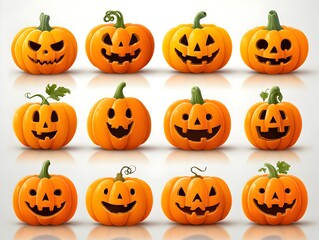 Twelve cheerful jack o lanterns with unique carved faces are arranged neatly on a bright white surface.