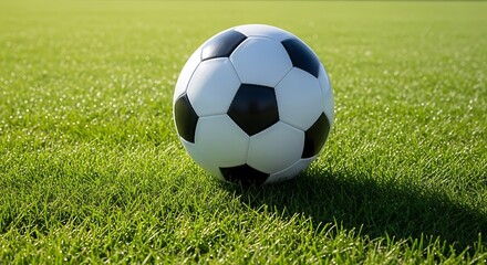 Fototapeta premium Vivid soccer ball resting on lush green grass during daylight match