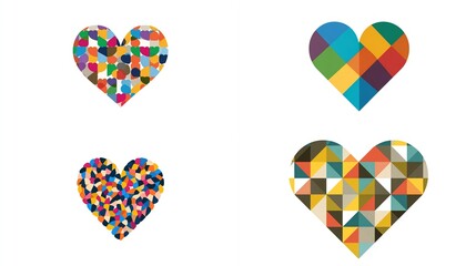 Four hearts filled with colorful patterns on a white background, vector illustration
