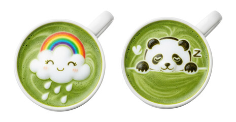 Two white coffee mugs with different Rosetta latte art designs, top view on a pure white background, PNG.