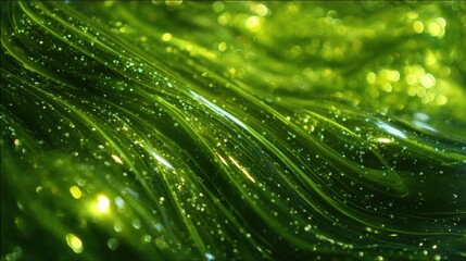 Vibrant green waves ripple gracefully, illuminated by soft, twinkling light, evoking a serene atmosphere reminiscent of a peaceful forest. Nature's beauty is captured in this dynamic display.