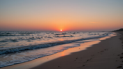 Fototapeta premium a serene beach at sunset with gentle waves lapping at the shore, the sky painted in warm hues of orange and pink, evoking a sense of calm and tranquility