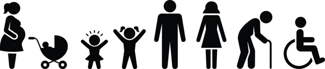 Diverse Human Life Stages And Family Icons On White Background pregnant woman baby stroller