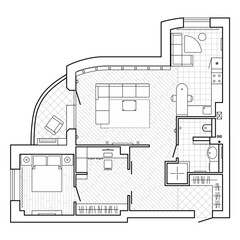 Architectural plan of a house. Layout of the apartment with the furniture in the drawing view. With kitchen and bathroom, living room and bedroom. Illustration