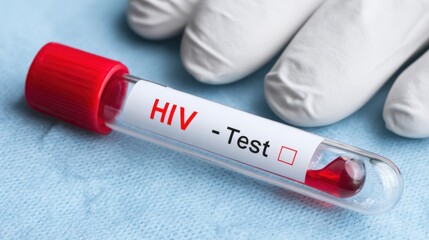 Obraz premium A blood sample labeled HIV Test is resting on a light blue surface alongside a pair of white gloves, emphasizing the importance of health testing and awareness in medical practices
