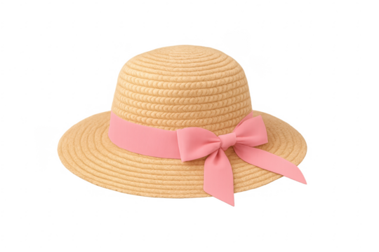 Straw hat with pink ribbon on transparent background