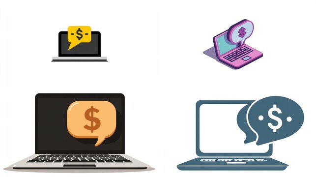 Laptops with dollar sign speech bubbles indicate online business transactions & earnings