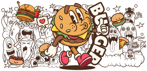 HAPPY BURGER CARTOON ILLUSTRATION AND BACKGRAUND DOODLE ART