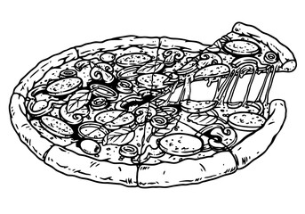 Hand draw illustration of a mozzarella cheese pizza