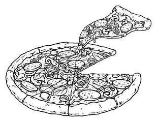 Illustration of a delicious pizza, cut into several pieces, one of the pieces has melted cheese