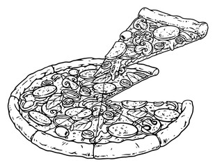 Illustration of a delicious pizza, cut into several pieces