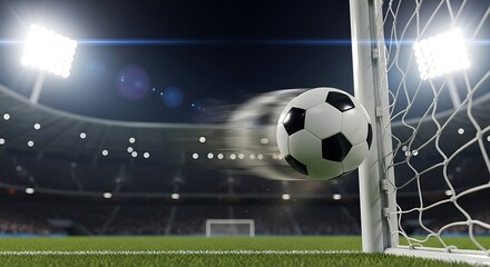 Naklejka premium Dynamic soccer ball in motion entering the goal net during night match