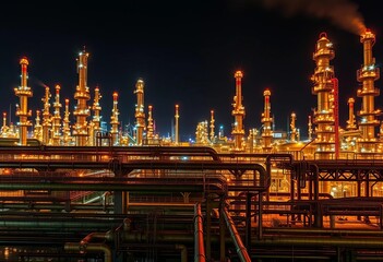 Night refinery, glowing pipelines & industrial structures, intricate network of lights,  backdrop,  steel