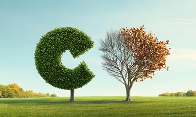 Lush Green Tree Shaped Like Letter C Beside Autumn Tree Symbolizing Seasons Change.