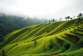 Fototapeta premium Rolling green tea terraces climb a misty Balinese mountain, crop, plant