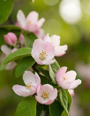 Delicate pink apple blossoms blooming in spring sunlight