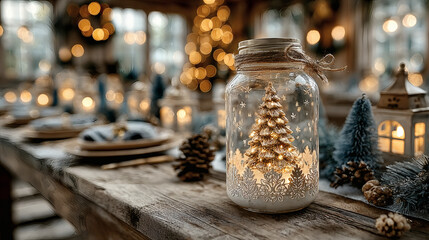 Elegant Christmas tree in glass jar decoration surrounded by glowing elements
