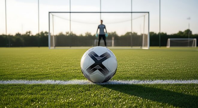 Football Player Preparing to Save Penalty Kick on Soccer Field