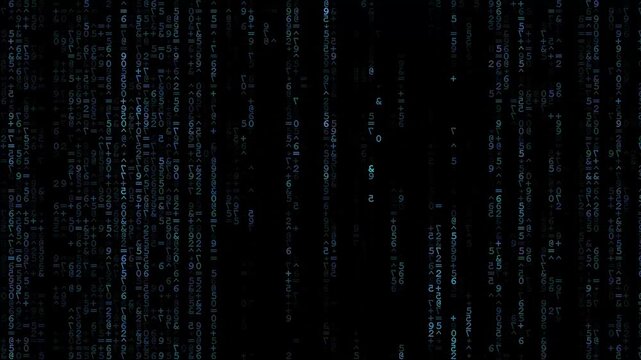 Vertical lines of light blue code characters against a dark background. 4k footage