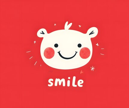 Charming Hand-Drawn Smiling Face with Rosy Cheeks on a Vibrant Red Background.