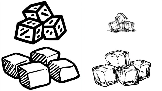 Four sets of sketched ice cubes, each a small stack, some with hatch lines