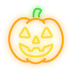 Doodle Neon Signboard of a glowing pumpkin with a happy face, perfect for Halloween-themed transparent design use