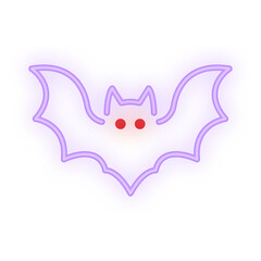 Doodle Neon Signboard of a flying purple bat with glowing red eyes, ideal for Halloween decoration and transparent spooky design
