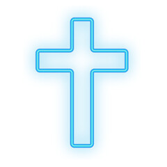 Doodle Neon Signboard of a glowing blue cross symbol, suitable for Halloween themes, spirituality, and transparent decorative design use