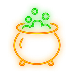 Doodle Neon Signboard of a glowing orange witch cauldron with green bubbling potion, perfect for Halloween decoration and transparent design