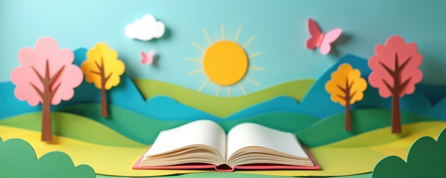Paper art illustration of vibrant children book fair scene. Open book rests in landscape with colorful trees, sun, clouds, butterflies. Fold unfolds tale, inviting readers into world of wonder,