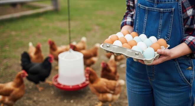 A farmer proudly holding a carton of freshly collected colorful organic eggs from free-range hens on the farm