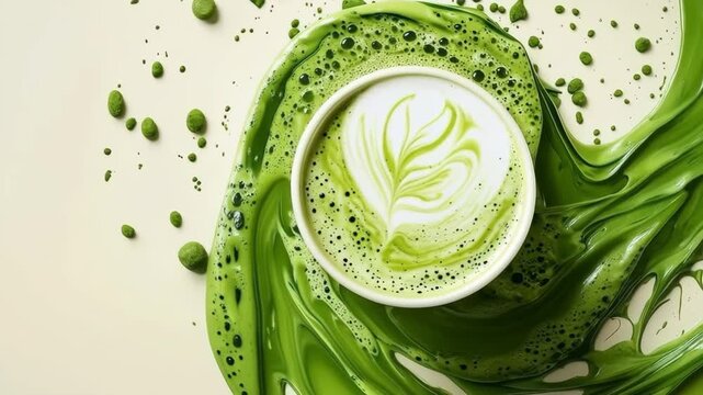 Rotating matcha latte cup with dynamic splash effect. Bright green energy drink concept ideal for healthy lifestyle, diet, wellness, or beverage advertising.