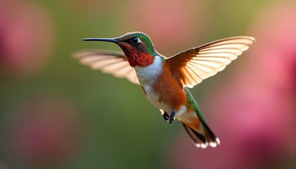 Fototapeta premium Allen hummingbird hovers mid-air with wings spread in stunning detail. Iridescent green feathers adorn head, contrasting with vibrant red gorget, white chest. Small bird, captured in motion,