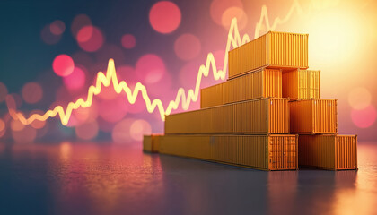 Stack of yellow shipping containers against vibrant bokeh background with financial graph line. Global trade, logistics, economy. Illustrates market analysis, tariffs impact on commerce, import,