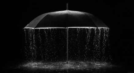 Black umbrella in heavy rain, water droplets cascade