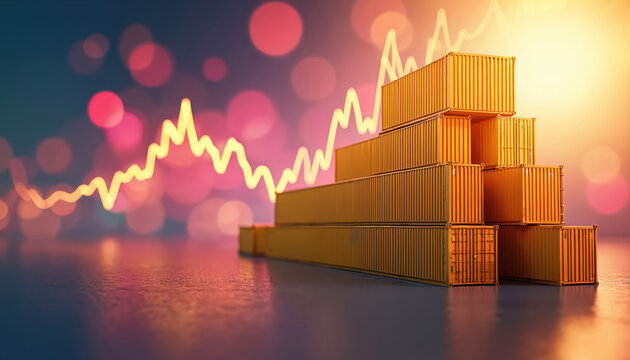 Stack of yellow shipping containers against vibrant bokeh background with financial graph line. Global trade, logistics, economy. Illustrates market analysis, tariffs impact on commerce, import,