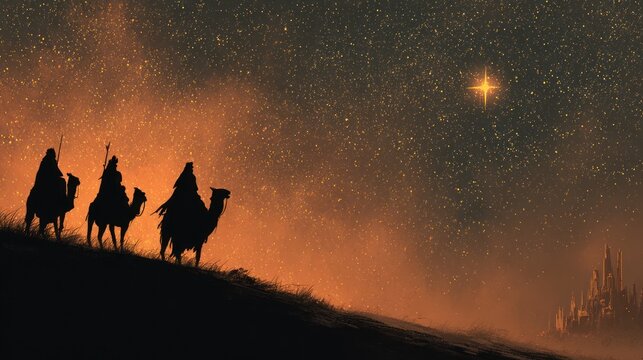 Prophetic Journey of the Magi Silhouetted Against a Golden Starry Sky - Powered by Adobe
