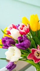 Obraz premium Colorful tulip bouquet on a table with soft background