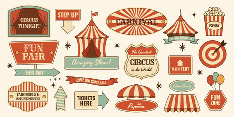 Retro circus fun fair carnival sticker set. Vintage tents, signboards, signs, arrows, street food stalls and other elements. Vector illustration for amusement fun fair designs, midcentury 50s style © Dukhanina Ekaterina