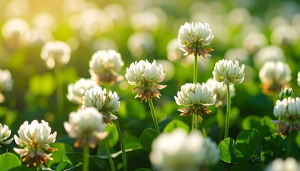 Fototapeta premium A field of white clover flowers bathed in sunlight. Soft focus, natural